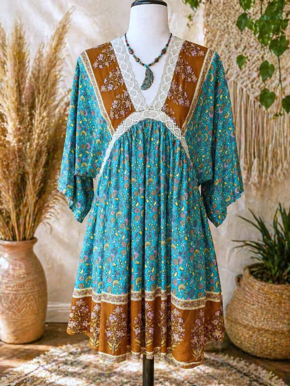 Boho Floral Lace Trim Dress, Teal Rust Print, Cottagecore, GiGiO Brand, Size S - Picture 11 of 11